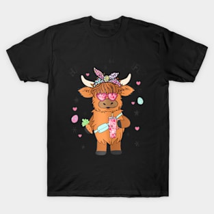 Easter Heifer Highland Cow Farm Easter Day Bunny T-Shirt